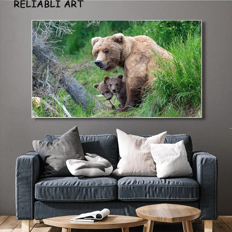 Orso bruno Animale Poster e stampe Albero naturale Immagini di arte della parete Pittura moderna su tela per soggiorno Decorazioni per la casa Senza cornice