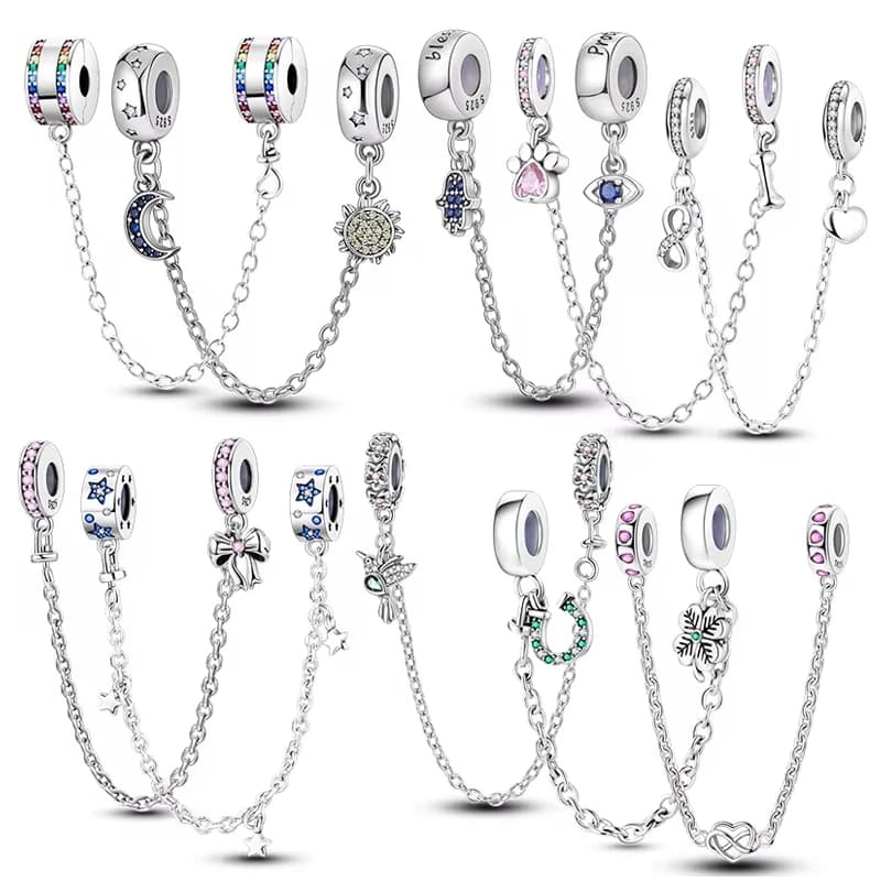 Catenina di Sicurezza Originale in Argento Sterling 925 con Charm a Forma di Stella, Luna, Sole, Cuore e Fiocco con Clip in Silicone, Adatta per Braccialetti Originali, Regalo di Gioielleria Fai-da-Te