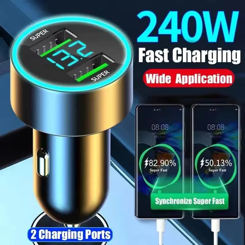 Caricabatterie per auto da 240W con ricarica rapida, 2 porte USB, adattatore per iPhone, Samsung, Xiaomi, caricabatterie a ricarica rapida con display digitale