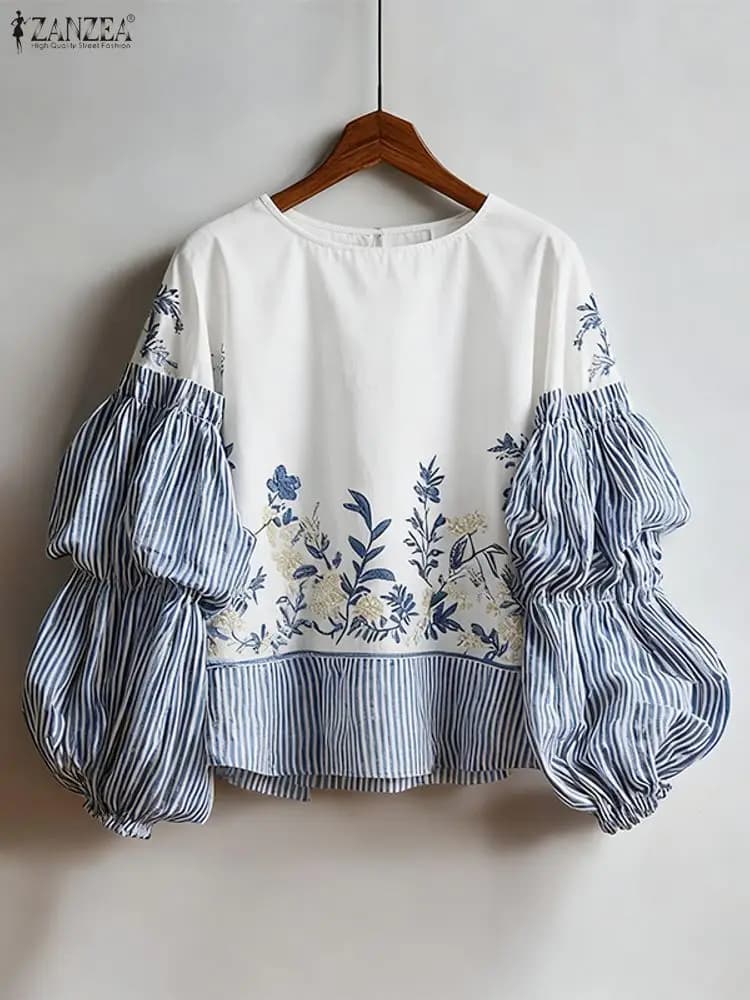 ZANZEA Fashion Lantern Sleeve Blouse Women Striped Floral Print Tunic Tops 2025 Autumn Casual Long Sleeve Elegant Office Shirts