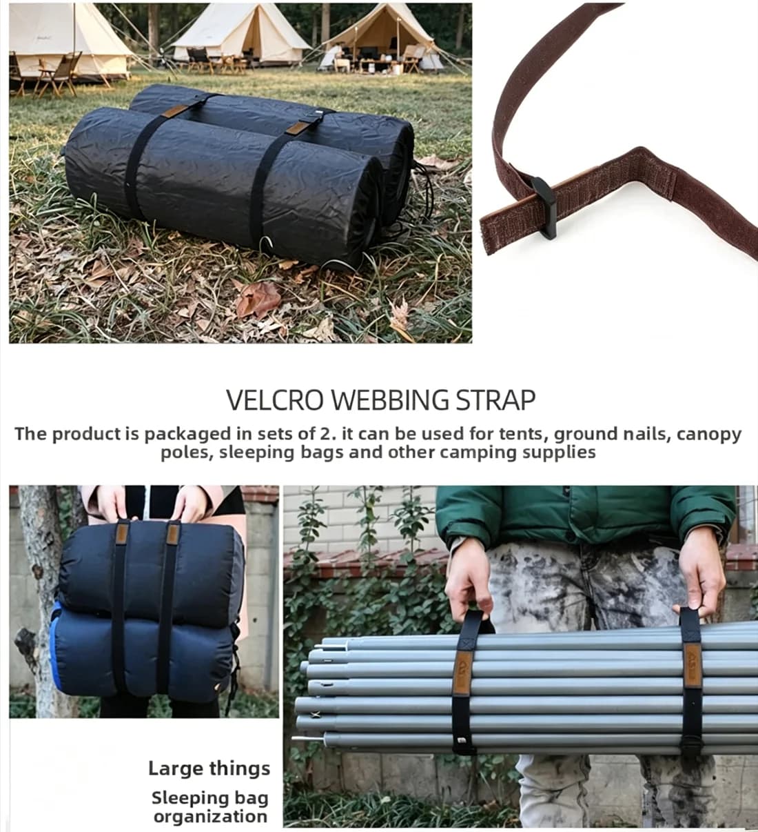 Cinghie da campeggio per esterni CLS 110 cm, cinghie in nylon per attrezzatura da viaggio, bagagli, tenda, baldacchino, cinghie di fissaggio con velcro, 2 pezzi
