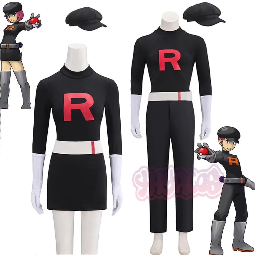 Costumi Cosplay Anime Team Rocket Grunt, Uniforme Nera con Cappello, Set Completo per Halloween, Carnevale e Feste, per Uomini e Donne