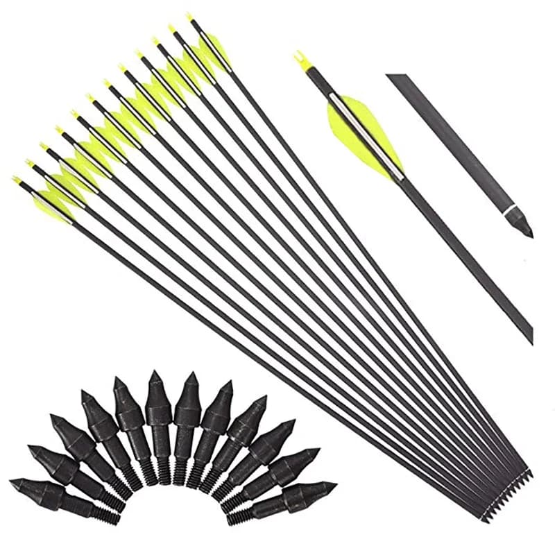 Mix di frecce in carbonio per esercizi di caccia con arco composto, alette in plastica, punto bersaglio 100gr, 2,7 pollici, 6 pezzi, 24 pezzi
