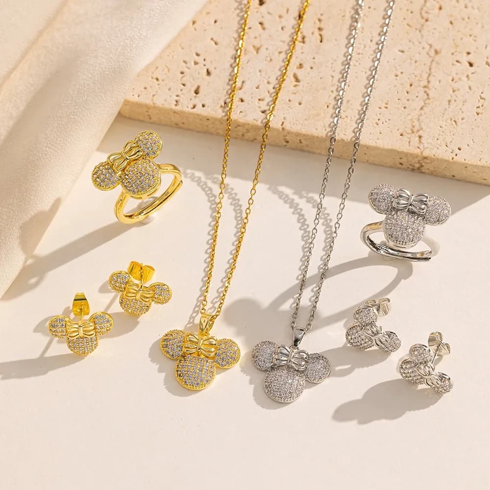 Disney Cute Shiny Zircon Mickey Mouse Pendant Necklaces Ring Set for Women Teen Girls Titanium Steel Chain Bling Jewelry Gifts