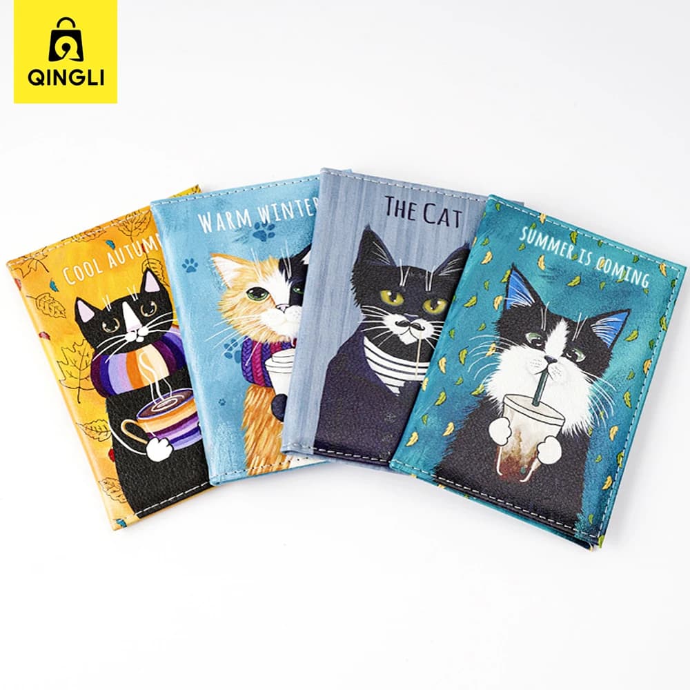 Custodia per passaporto con gatto simpatico cartone animato Accessori da viaggio per donna Porta carte di credito Porta passaporto in pelle PU