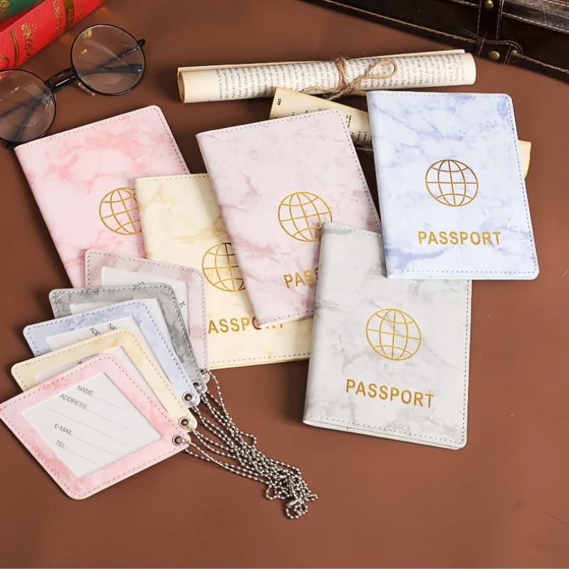 Porta Passaporto con Motivo Marmorizzato, Etichetta per Bagagli, Custodia per Passaporto in PU, Organizzatore per Passaporto, Etichette per Bagagli, Accessori da Viaggio