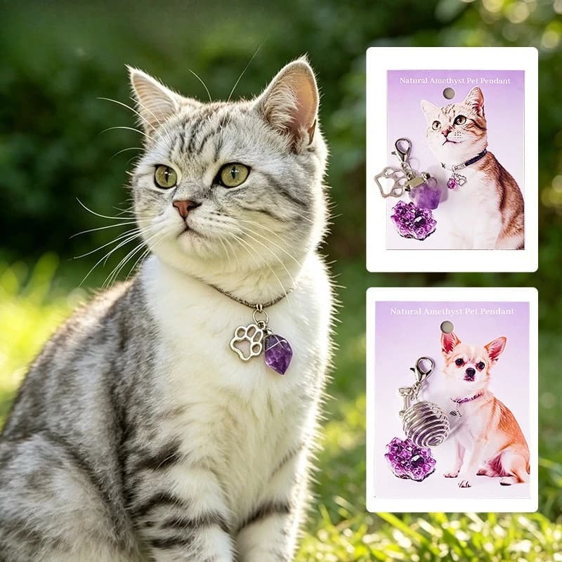 Natural Amethyst Pet Necklace Pendant, Raw Amethyst Crystal Cluster Charm, Decor Accessory for Cat & Dog Collar