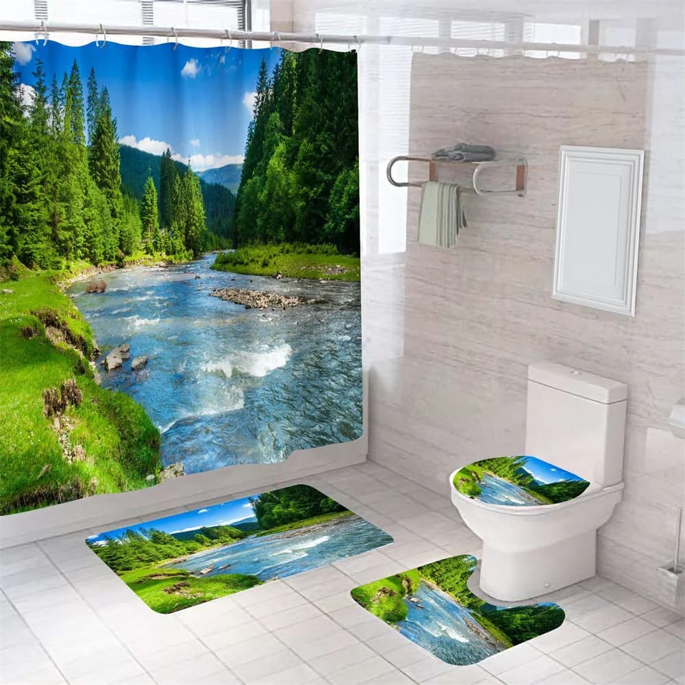 Set di tende da doccia con paesaggi naturali Foresta verde Paesaggio di fiume di montagna Bagno Tenda da doccia Set da bagno in tessuto impermeabile