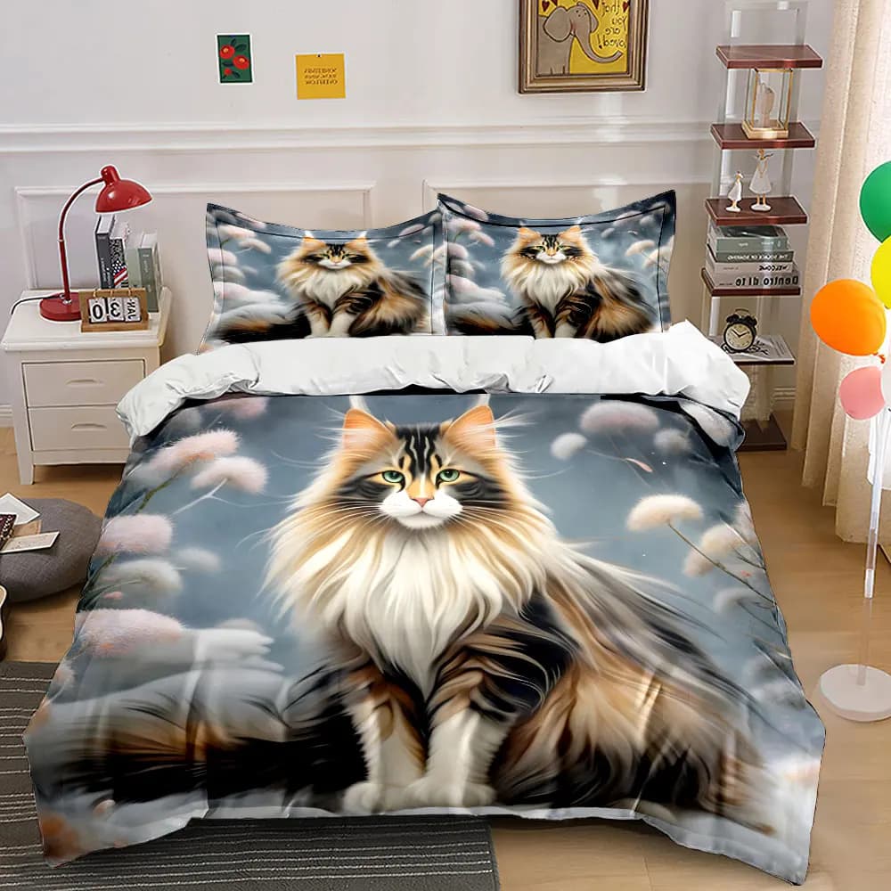 Fluffy tabby cat sitting by snowy scene Duvet Cover Set with 3D Printing Design Soft Polyester Bedding Set All-Season Comfort
