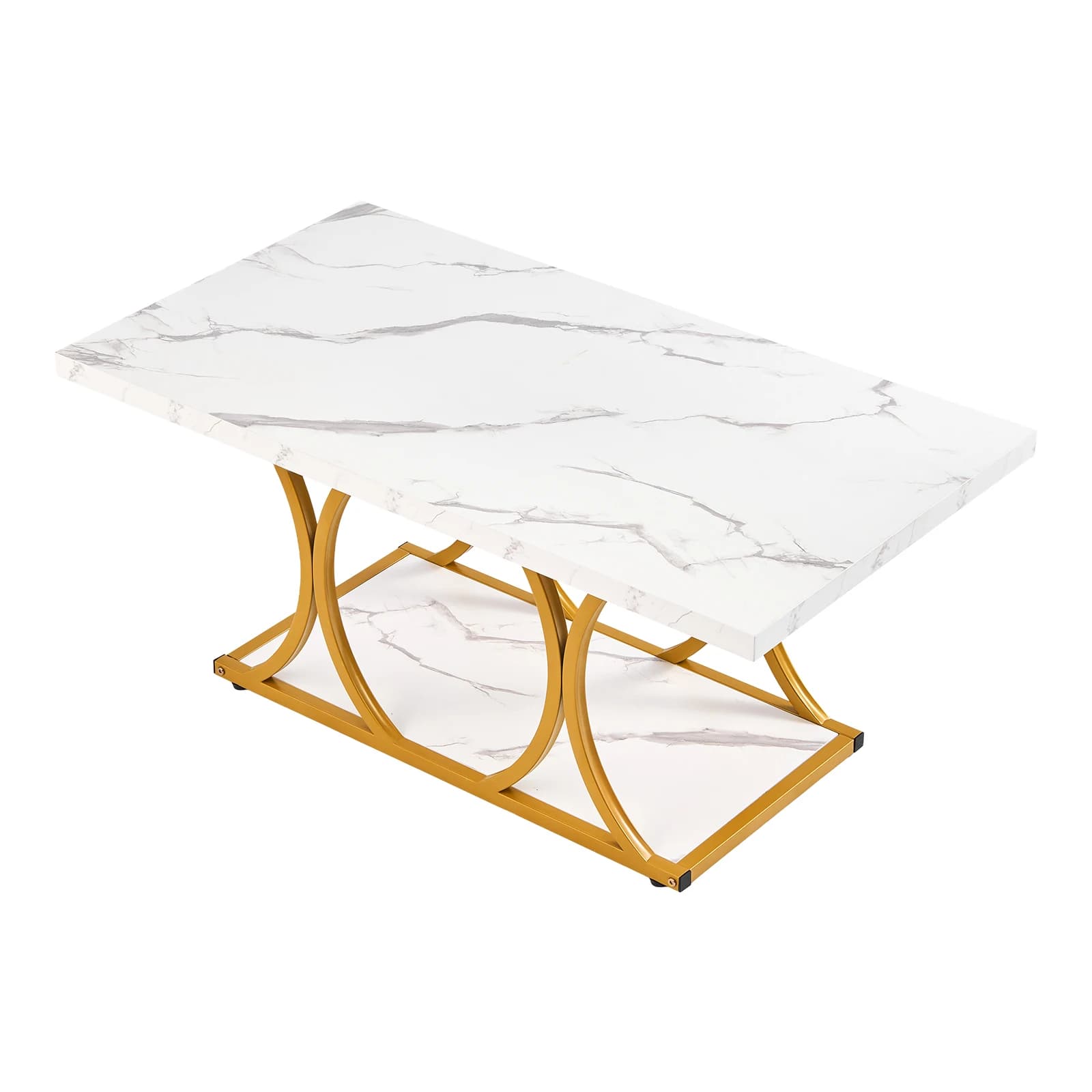 Modern Faux Marble Coffee Table, 2-Tier Rectangular Center Table with Geometric Metal Legs, Minimalist Design for Living Room or