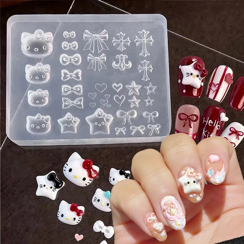 Stampo in Silicone 3D Hello Kitty per Nail Art, Adesivi Kawaii a Forma di Cuore, Fiocco e Croce per Decorazioni Unghie Fai-da-Te
