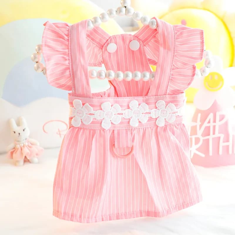 Spring Summer Dog Clothes Thin Princess Dress with Leash Hole, Vertical Striped Doll Style Pet Apparel for Small Dogs Teddy