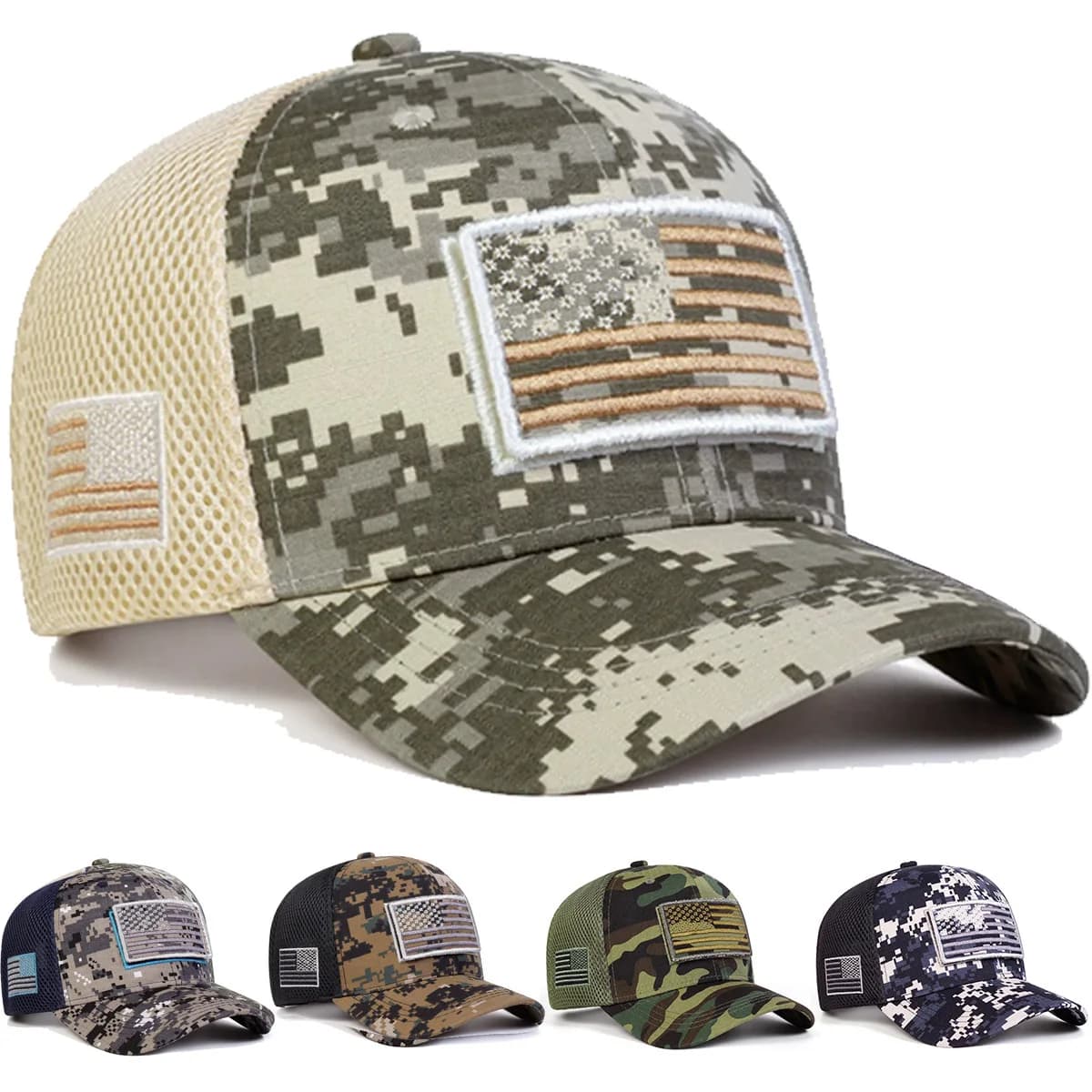 Cappellino da Baseball Unisex Regolabile con Ricamo Bandiera Americana, Camouflage, per Primavera Estate, Protezione Solare, Casual, con Rete