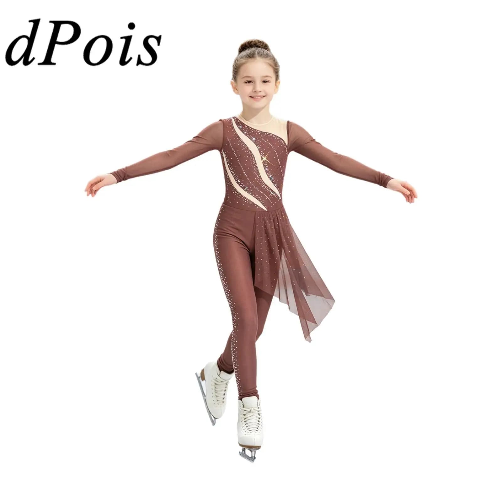 Kids Girls Ballet Jumpsuit Dance Costume Shiny RhinestoneLong Sleeve Gymnastic Bodysuit for Figure Skating Costume Dancewear