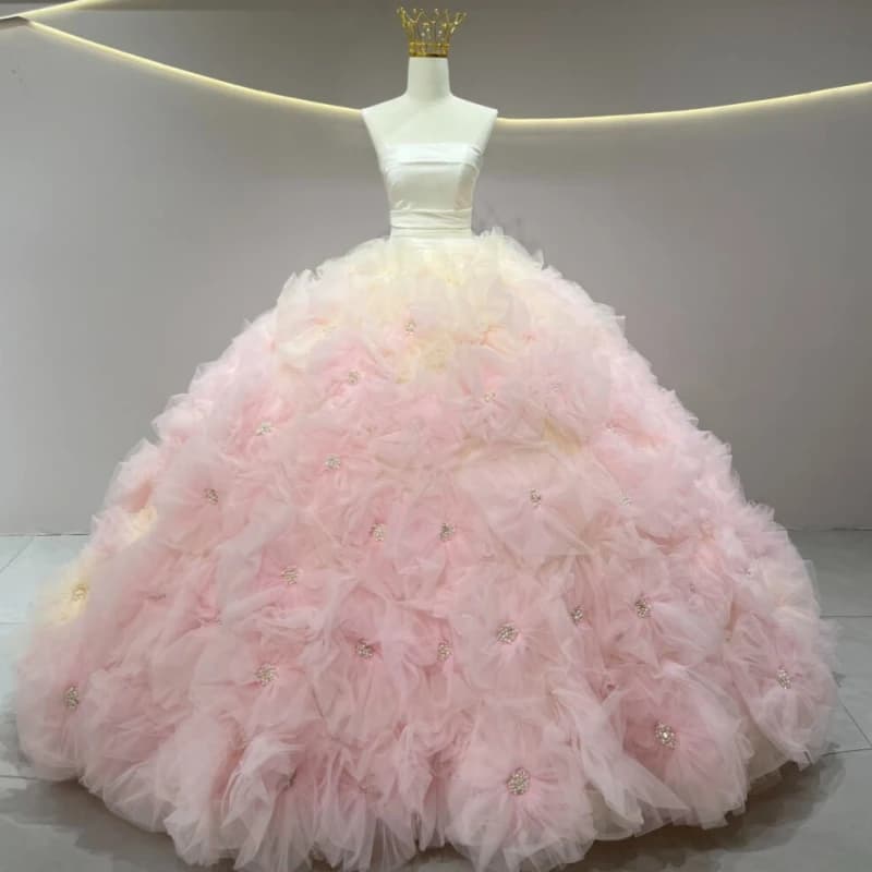 Abiti Quinceanera rosa con spalle scoperte Perline di cristallo a strati Festa di compleanno Dolce 16 Abiti Abiti 15 Anos