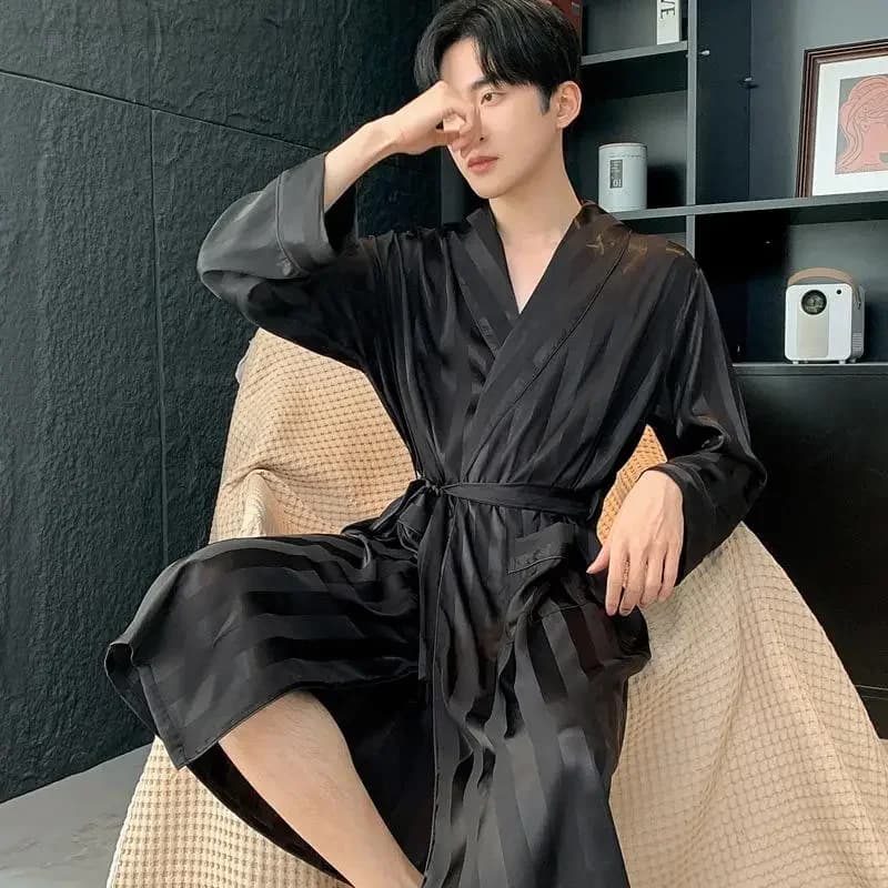Men's Kimono Bathrobe Home Dresses Yukata Black Striped Night Shirt Spring and Summer New Nightwear Satin Nightwear