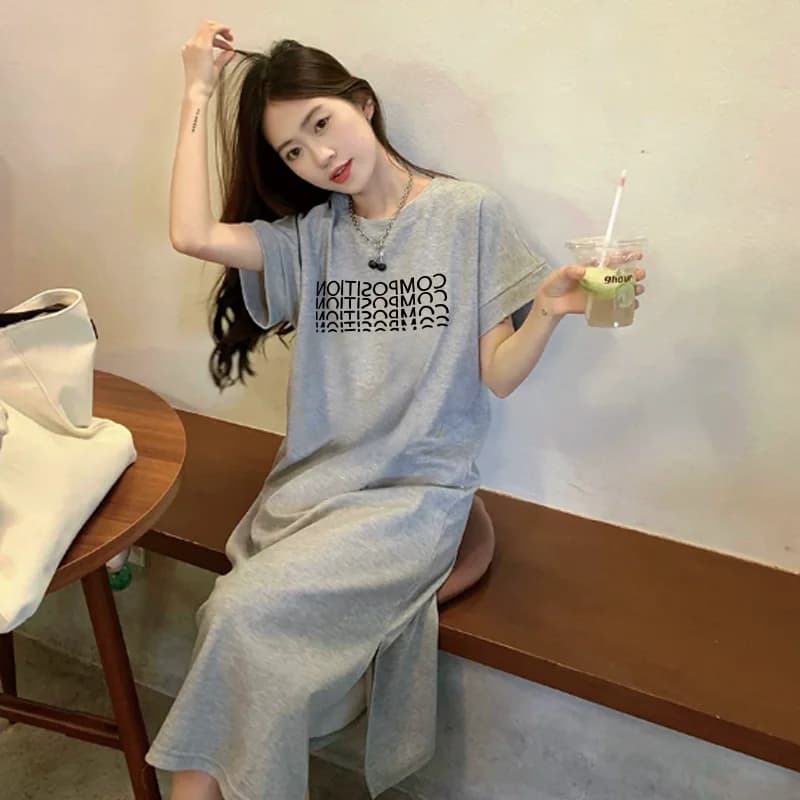 Women's Oversized Slit T-shirt Dress Casual Letter Print Gray Maxi Dress Plus Size Summer Streetwear