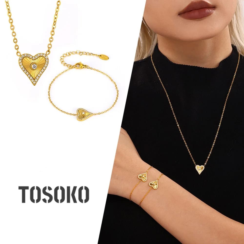 TOSOKO Gioielli in acciaio inossidabile Set di braccialetti a catena superiore con zirconi a doppio strato con cuore floreale P210