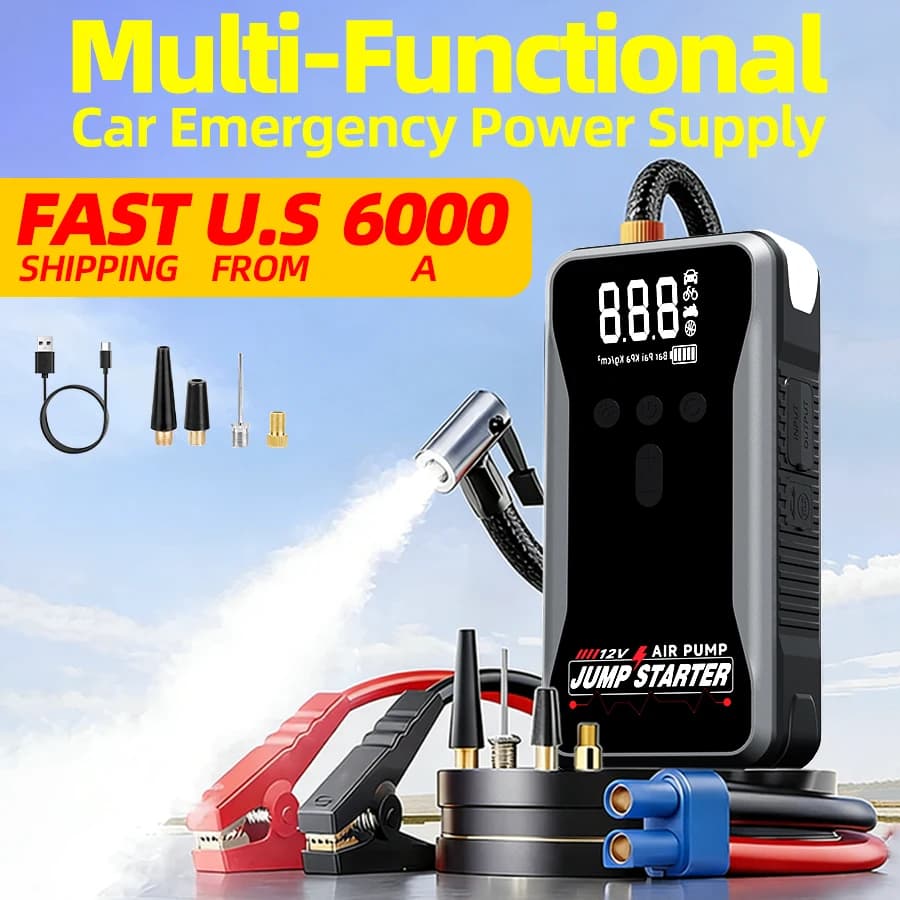 Avviatore d'Emergenza Intelligente Portatile 12V 6000A con Pompa d'Aria, Torcia e Power Bank per Tutte le Auto