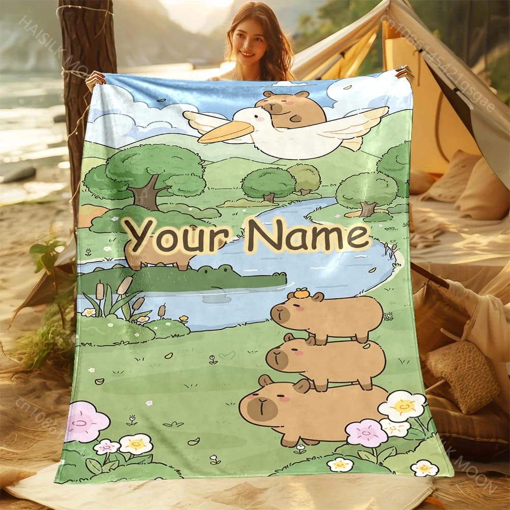 Coperta con nome personalizzato in 6 misure con stampa capibara, multiuso per tutte le stagioni per pisolino, campeggio, viaggi, auto, divano, casa, camper, lavabile in lavatrice