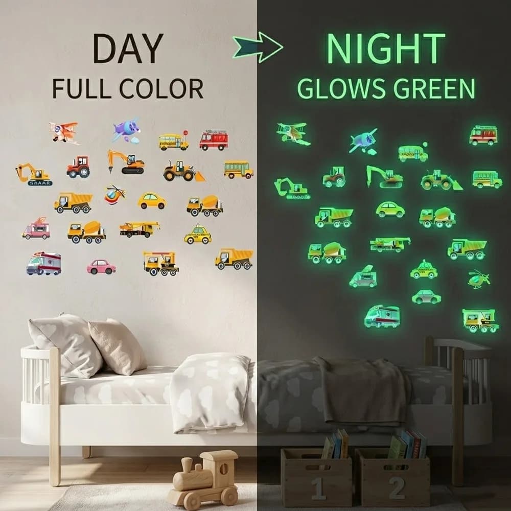 3 wall decals for cars that light up in the dark – bright PVC decals for the children's room, bedroom and children's room furniture