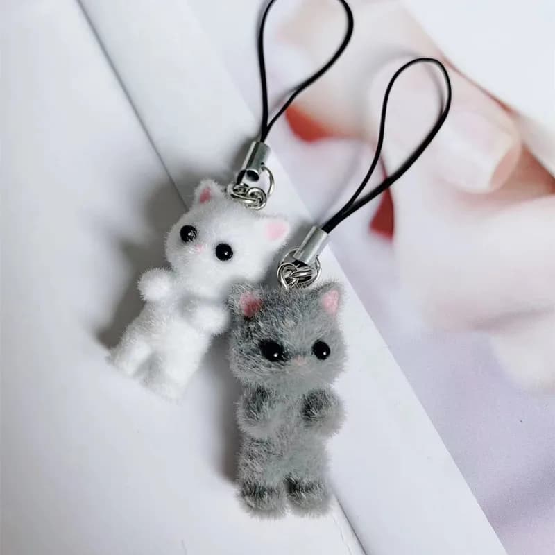 Hot Sales 1 Piece Flocking Fabric 3D Lovely White Black Cat Mobile Phone Charms Cute Animal Cellphone Keychain Lanyard Strap