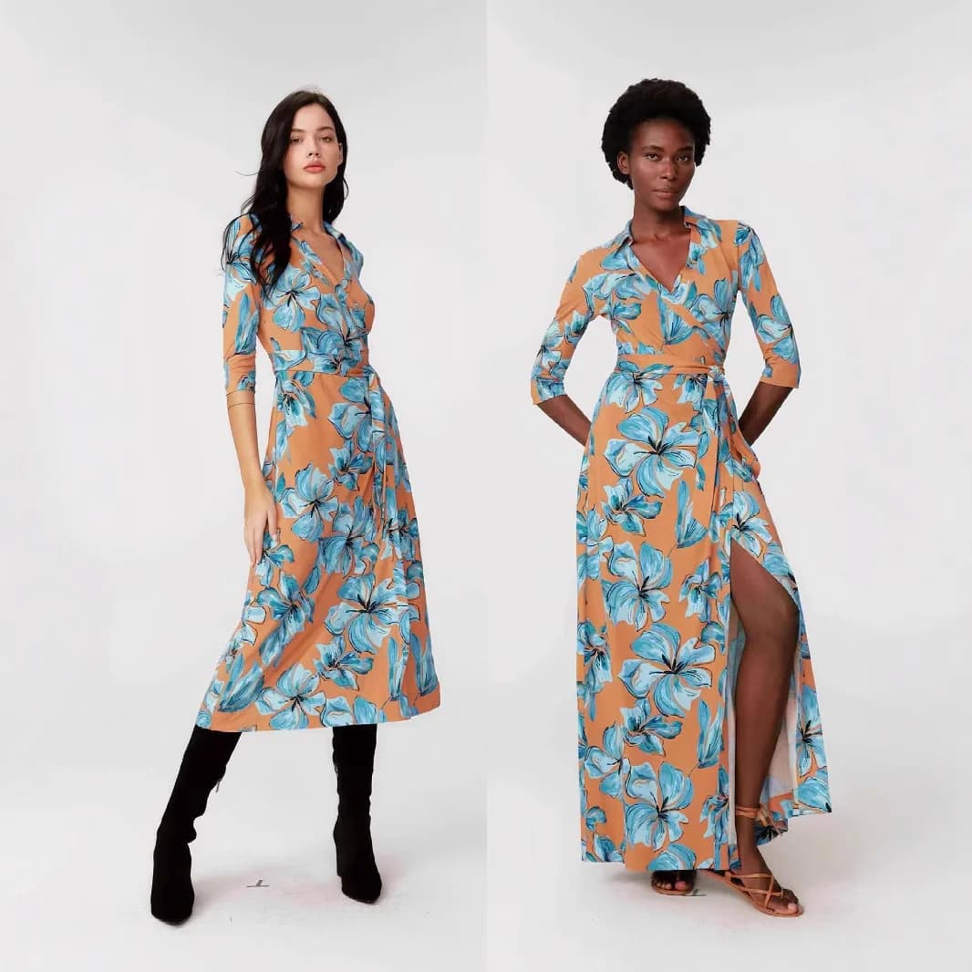 Pg Dvf New Holiday Blue Orange Dream Dance Flower Wrap Dress V-Neck Slit Long Dress Elegant High Waist Summer Dress
