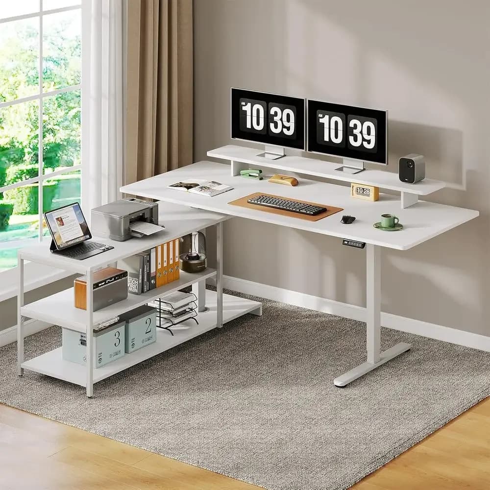 Scrivania Elettrica Regolabile a L, 63x24 con Ripiano per Monitor, Altezza 28-46, Bianca
