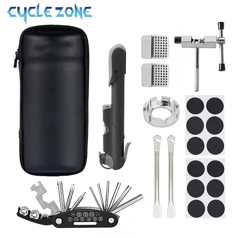 Kit di Riparazione Bici Portatile, Set Riparazione Forature Pneumatici Bici con Pompa Multifunzione, Borsa Portaoggetti, Accessori Manutenzione Ciclismo