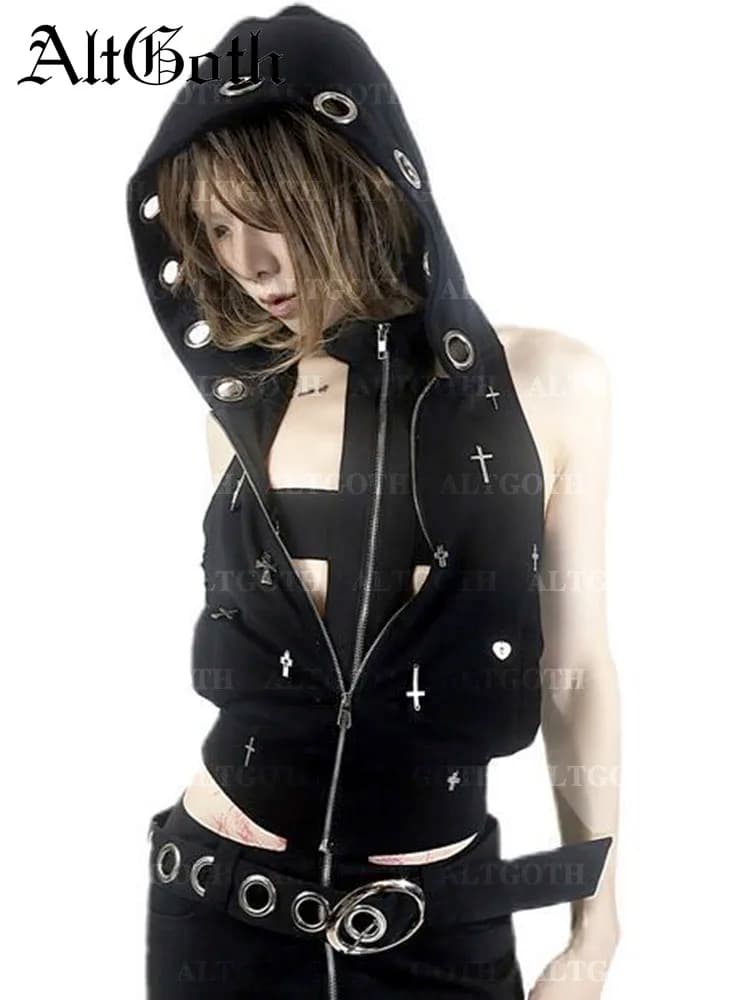 AltGoth Streetwear Gotico Gilet Scuro Donne Harajuku Y2k E-girl Cyberpunk Croce Con Cappuccio Crop Canotta Emo Alt Grunge Abiti Femminili