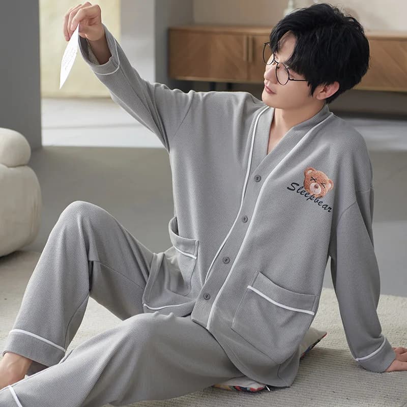 Mencotton 2Pcs Shirt&pants Nightwear Pajamas Set Winter Autumn Sleepwear Outdoors Long Sleeve Home Clothes V Neck Home Wear