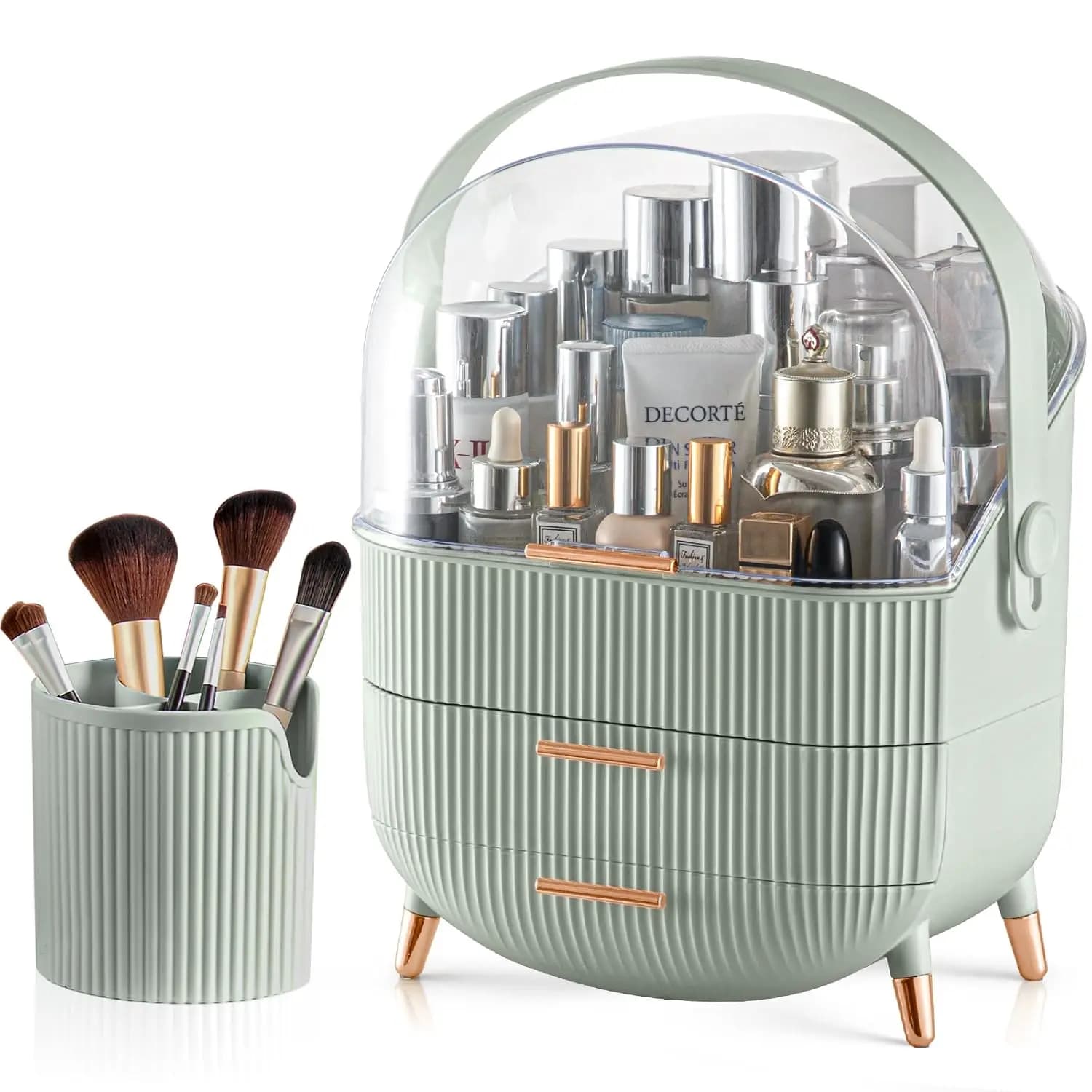 Organizzatore per Trucchi a 2 Cassetti con Porta Pennelli, Espositore Cosmetico Trasparente per Toeletta e Bagno (Verde Salvia)