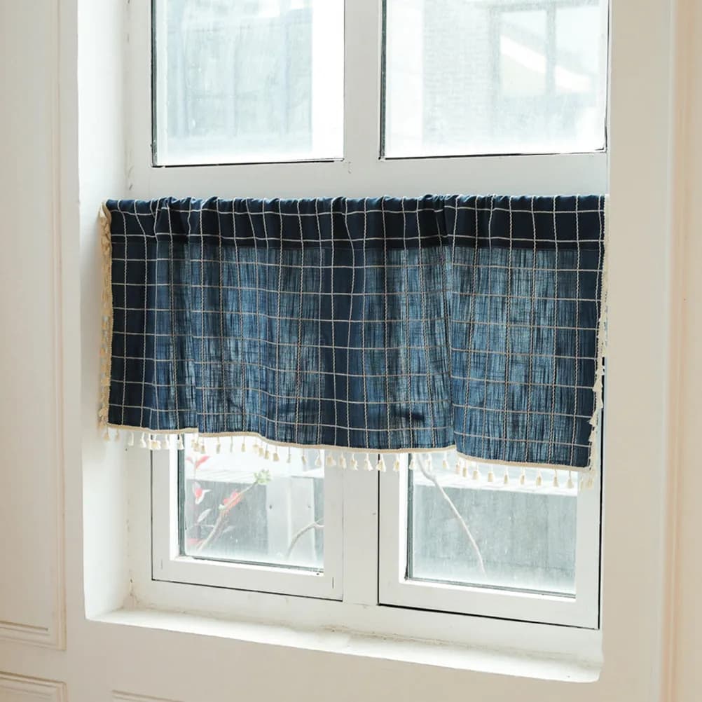 Elegante Tenda Corta in Cotone e Lino con Raffinato Design a Reticolo, Comoda Bordatura in Pizzo con Frange, Ideale per Divisorio Camera da Letto