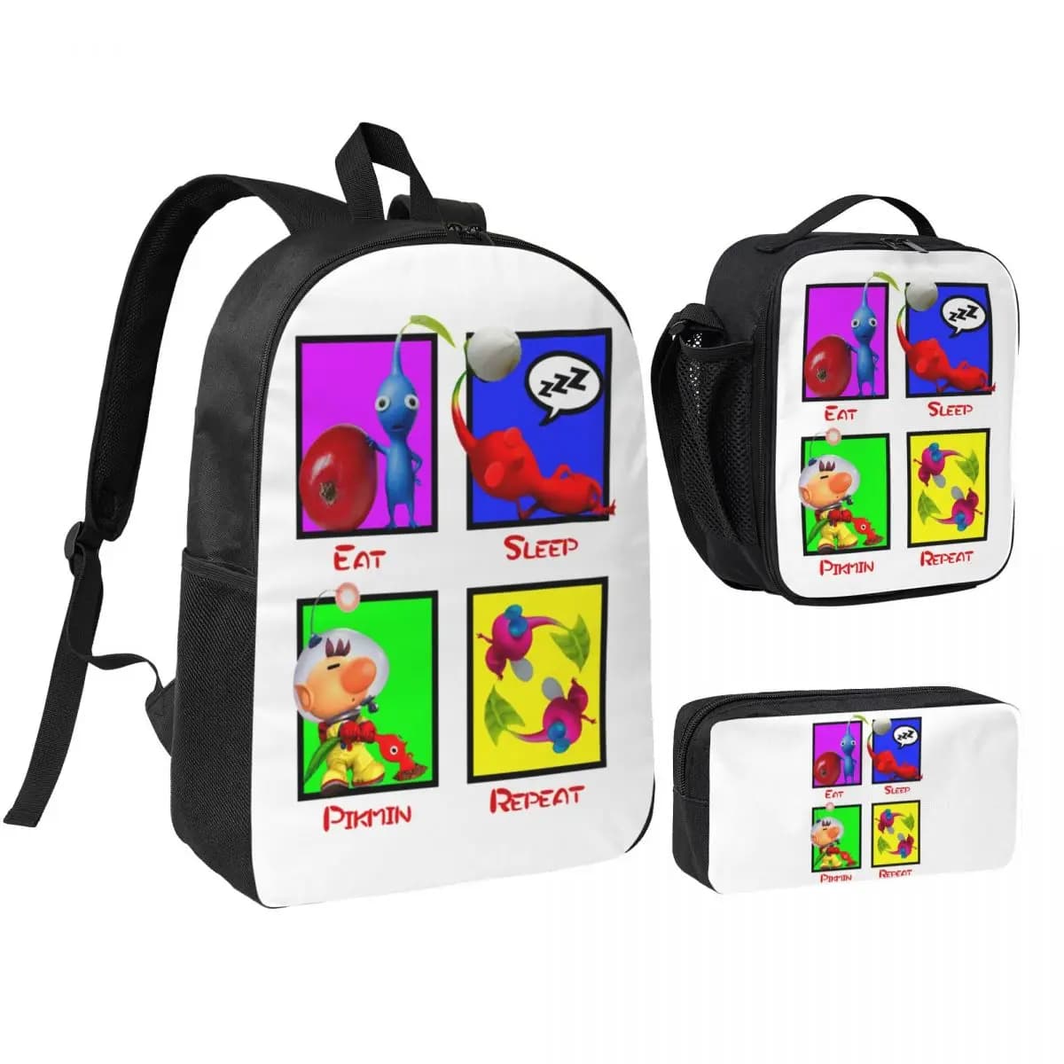 Zaino Eat Sleep Pikmin Repeat per ragazzi e ragazze, borsa per libri, borsa da scuola, borse a tracolla, 3 pezzi, borsa termica per il pranzo, astuccio per matite