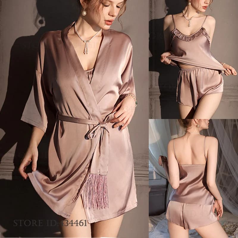 Women's 3PCS Robe Pigiama Set Sexy Volant Intimo Lingerie Nightwear Razor Waist Nappe Belt Kimono Bathrobe Dress Trained Homewear