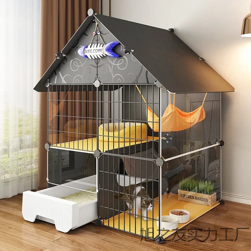 Cat Cage with Integrated Litter Box for Indoor Use Extra Large Space Saving Cat House Castle Villa for Cats