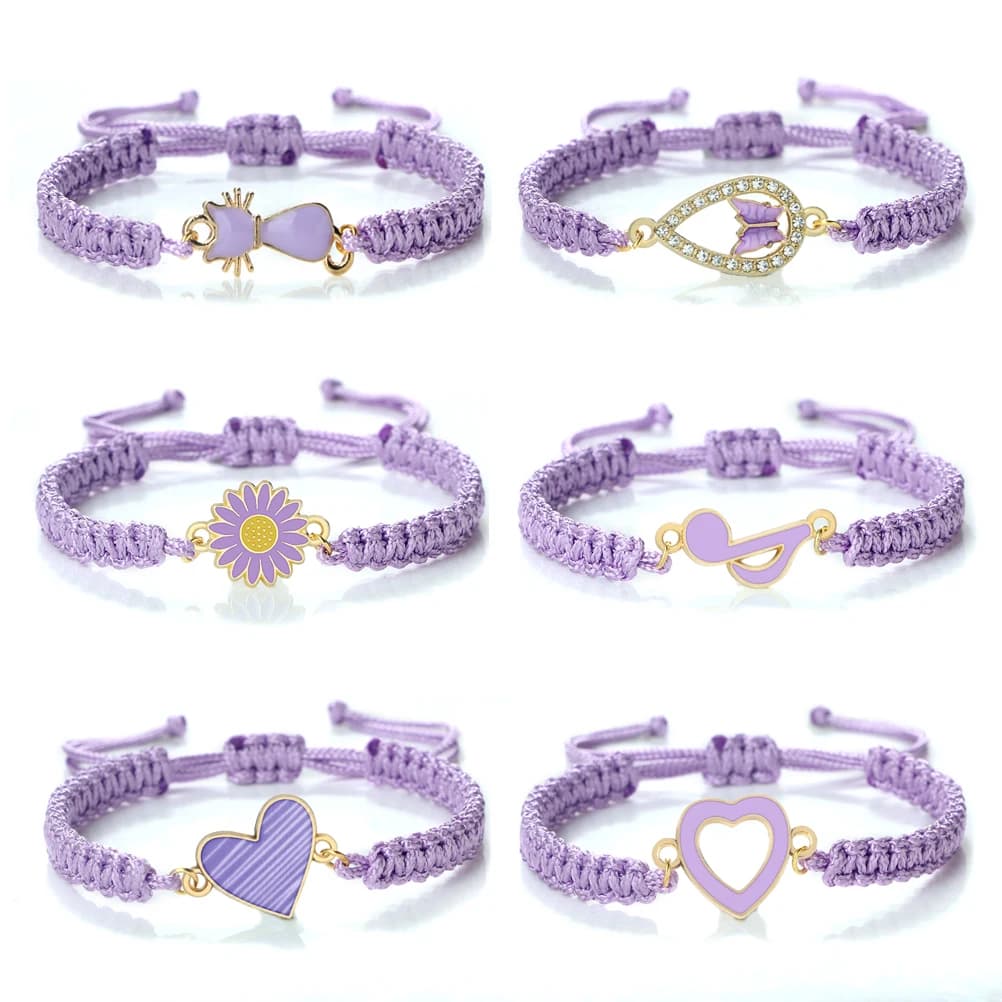 New Women Rope Bracelets Hand Woven Purple Thread Bracelet Cute Animal Pendant Bracelet Vintage Daisy Flower Bangle Girl Jewelry