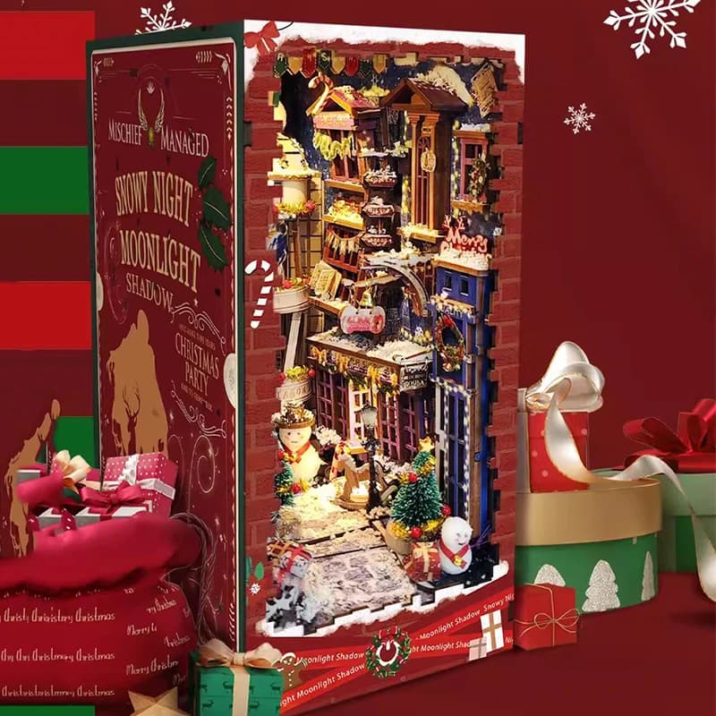 Nook per libri fai-da-te Fermalibri di buon Natale Kit modello in miniatura in legno con luci a LED Scaffale fatto a mano per regali di compleanno di amici