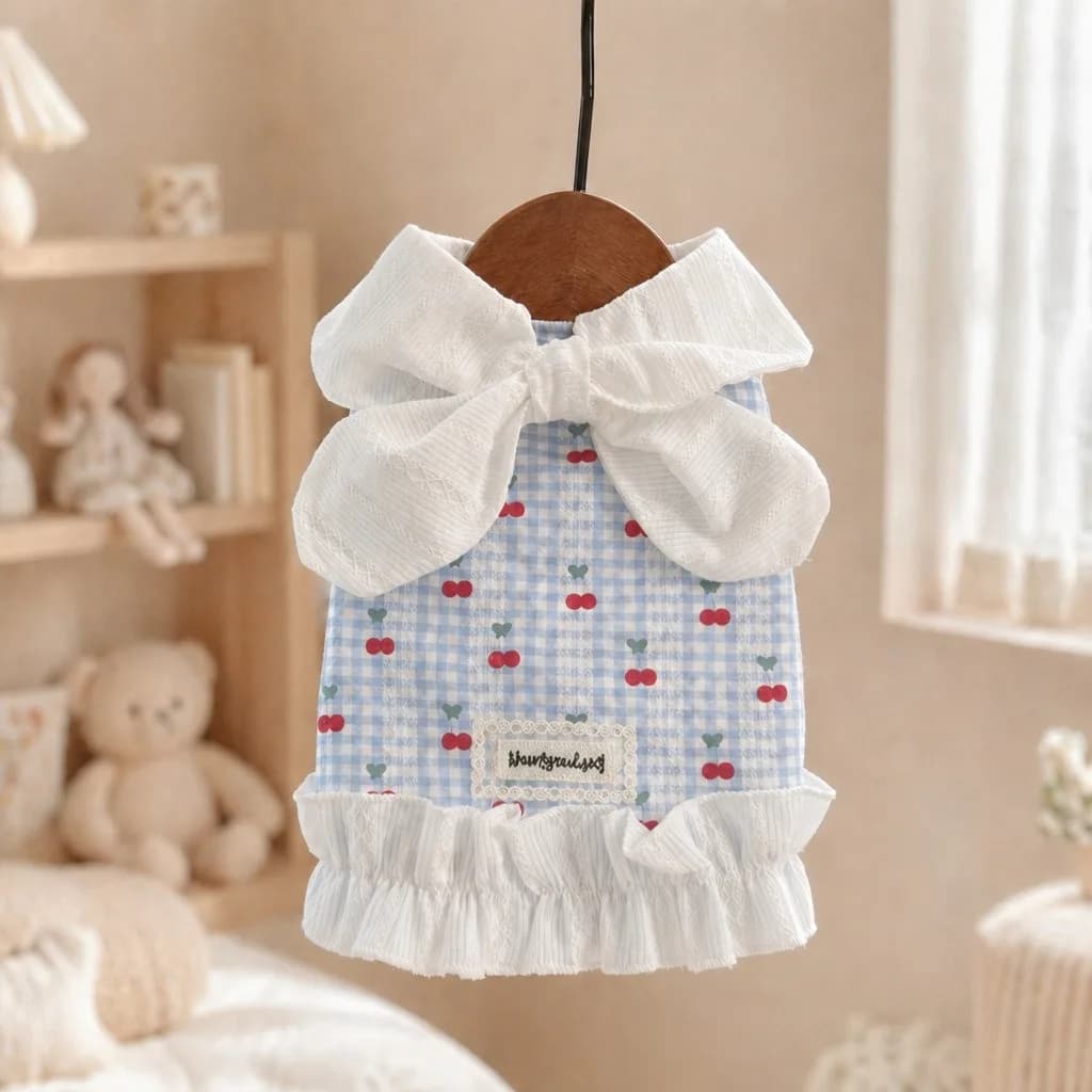 2026 Blue Checkered Teddy Skirt Summer Pet Clothes Cherry Print Dog Cat Pullover Cute Breathable Maltese Dress