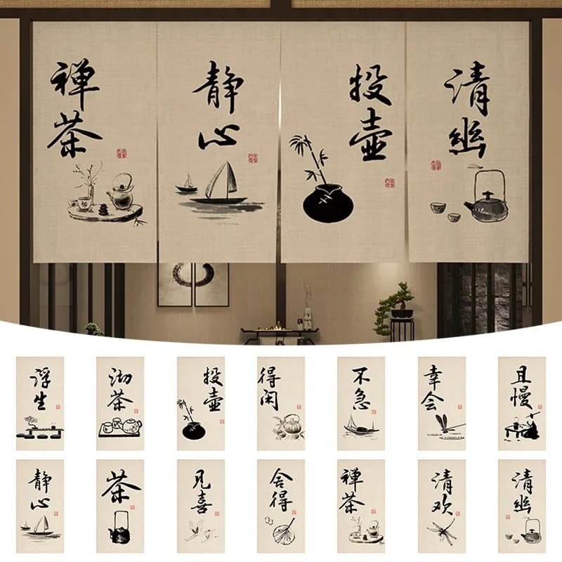 1 pcs Chinese Teahouse Door Half-Curtain Kitchen Partition Homestay Sushi Tavern Restaurant Decor Signboard Zen Tea Room Curtain