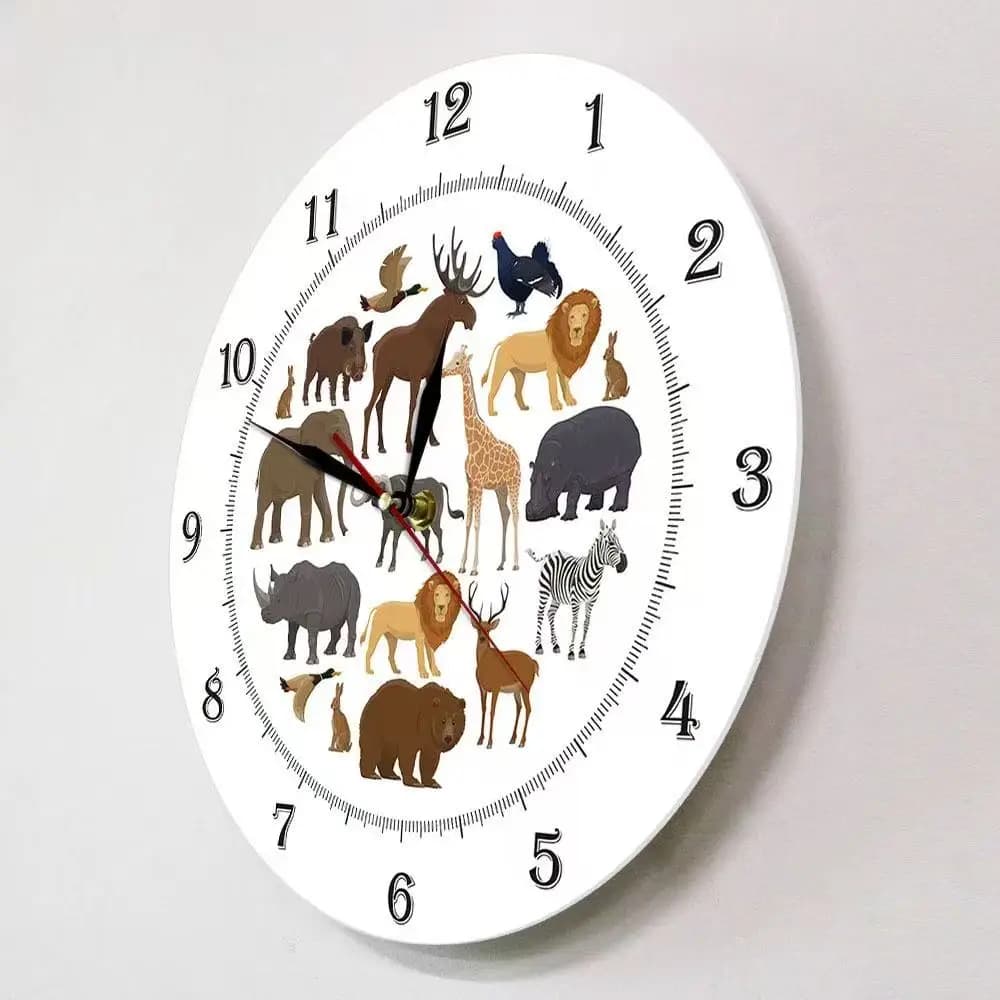 Jungle Animals Silent Quartz Wall Clock Safari Wildlife Decor for Kids Bedroom Nursery Playroom Educational Gift for Boys & Girl