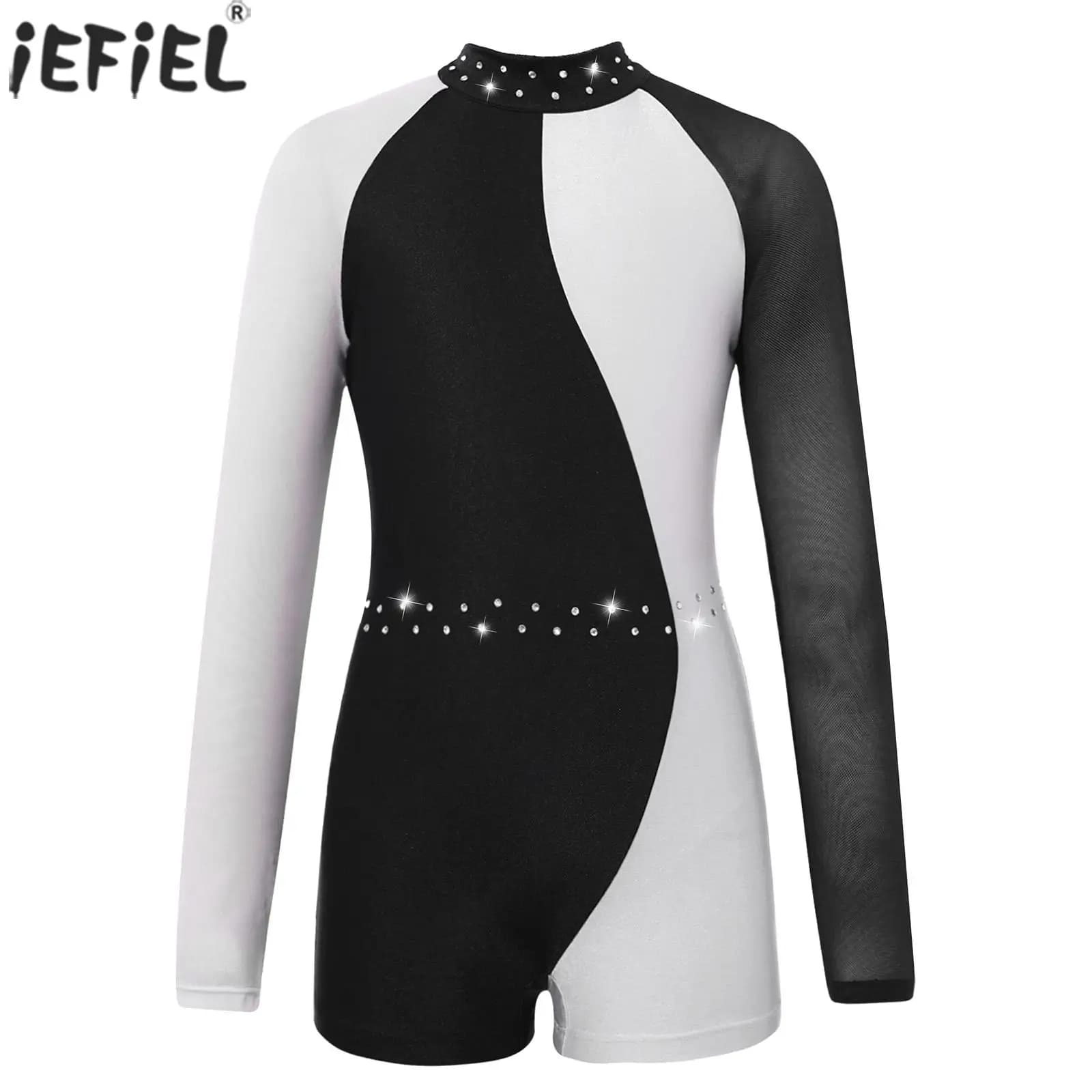 Bambini Ragazze Colorblock Strass Manica lunga Collo a lupetto Balletto Danza Unitard Ginnastica Figura Pattinaggio su ghiaccio Tuta Dancewear