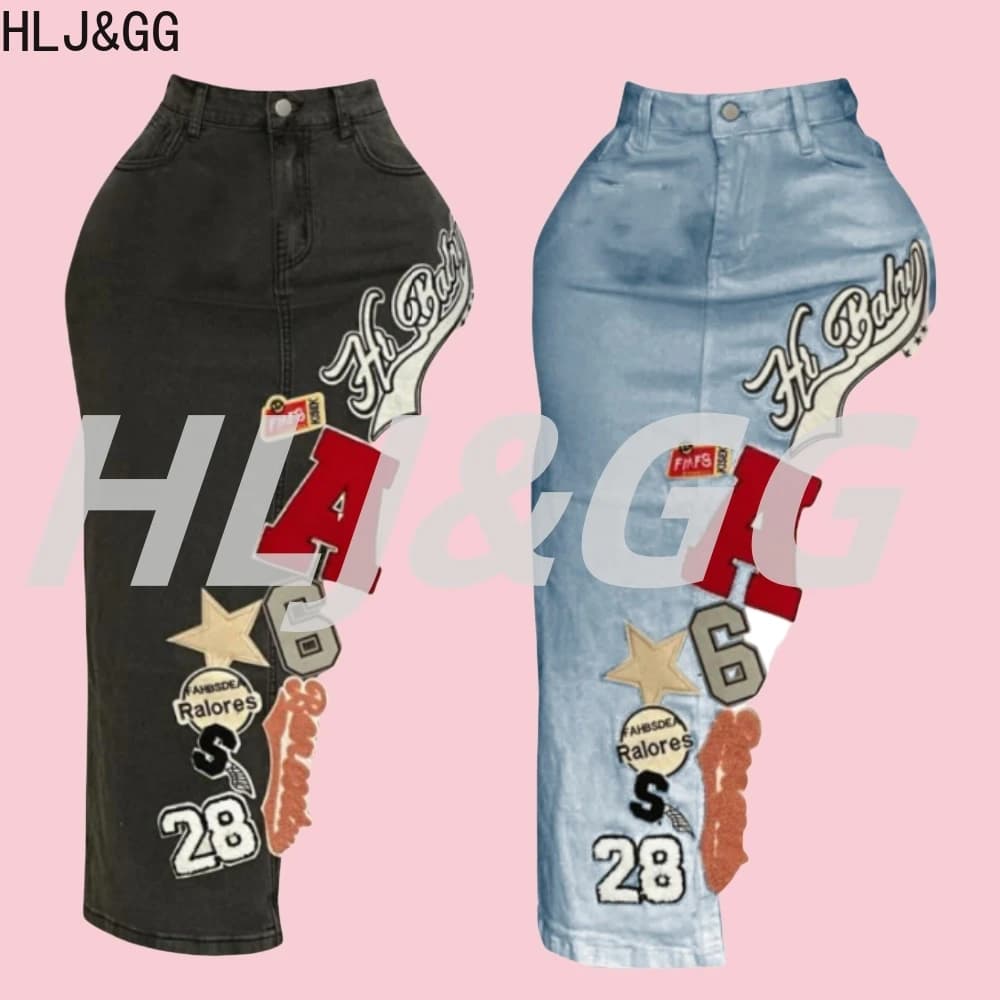 HLJ&GG Moda Ricamo Lettera Irregolare Skinny Denim Gonne Donna A Vita Alta Tasca con Bottoni Cowboy Bottoms Femminile Streetwear