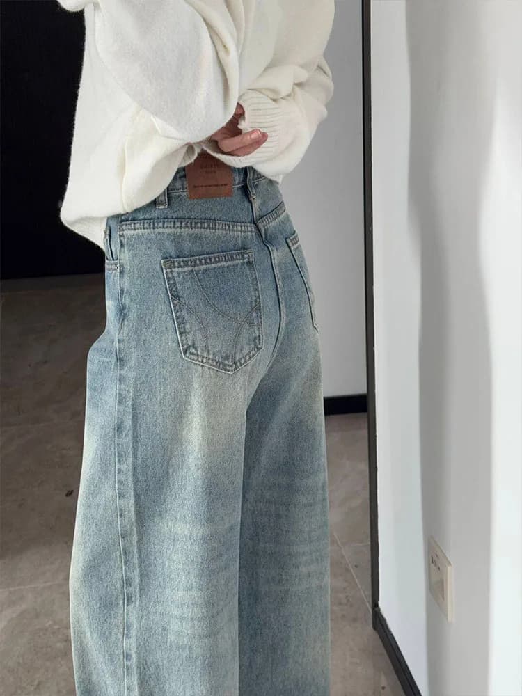 Retro Wash High Waist Slimming Narrow Version Wide Leg Jeans Women's Casual Style Embroidered Loose Straight Cut Denim Pants