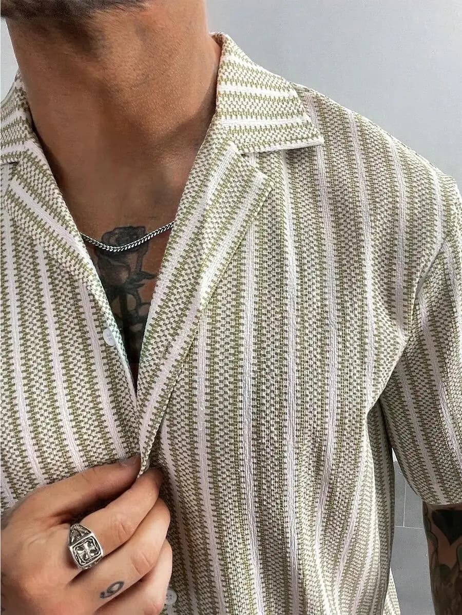 GloMan 2-Piece Bohemian Style Crochet Knit Shirt And Shorts Set For Men, Multicolor Striped Jacquard Textured Shirt, Suitable