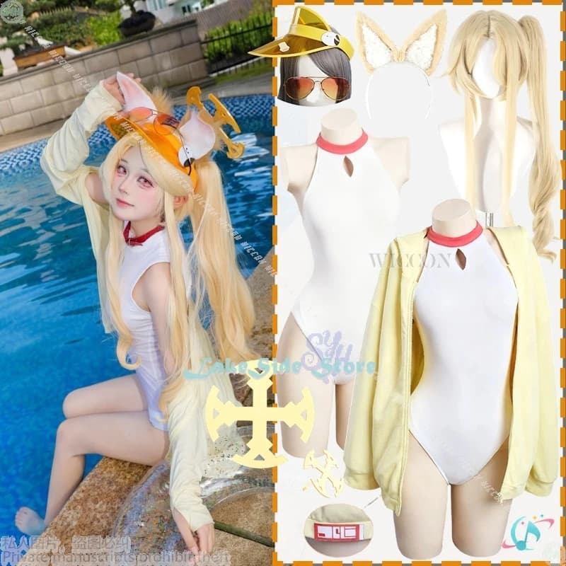 Anime Gioco Blu Archivio Cosplay Yurizono Seia Costume da bagno Kawaii Giacca giallo chiaro Foro Cappello da sole Orecchie pelose Tuta Halloween