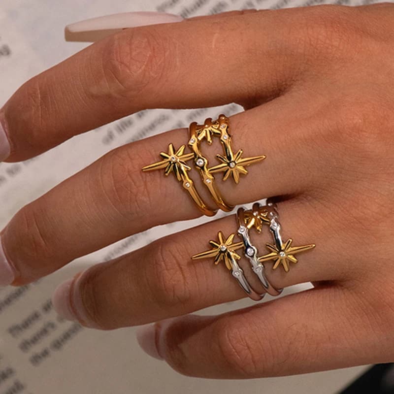 Stainless Steel Zircon Star Multilayer Open Rings for Women Minimalist 18K Gold Pvd Plated Rings Fashion Jewelry Gift
