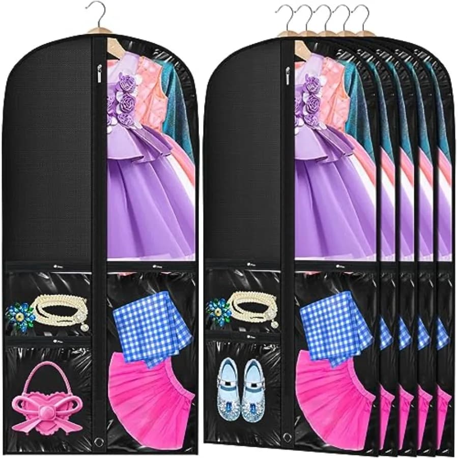 6 Pezzi Sacche Porta Abiti Trasparenti in PVC da 24'' x 50'' per Costumi da Danza e da Competizione con Gancio, Cerniere e Tasche - Coperture Appendibili per Costumi
