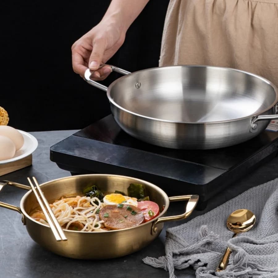 Pentola per zuppa di noodle a doppio manico in acciaio inossidabile oro argento giapponese Mini pentola calda 18-26 cm