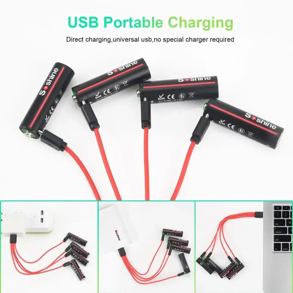 Batterie Ricaricabili USB Soshine 3500mWh AA 1.5V, 800 Cicli di Ricarica, per Mouse, Spazzolini Elettrici, Giochi e Giocattoli